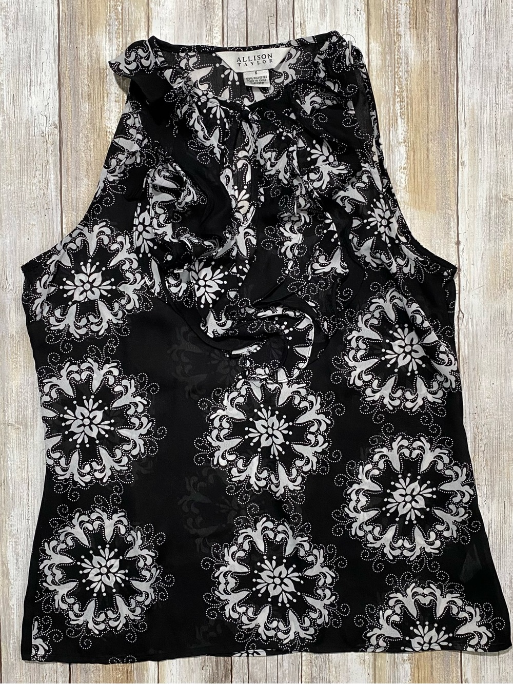 Allison Taylor Black & White Floral Medallion Ruffle Neck Tank